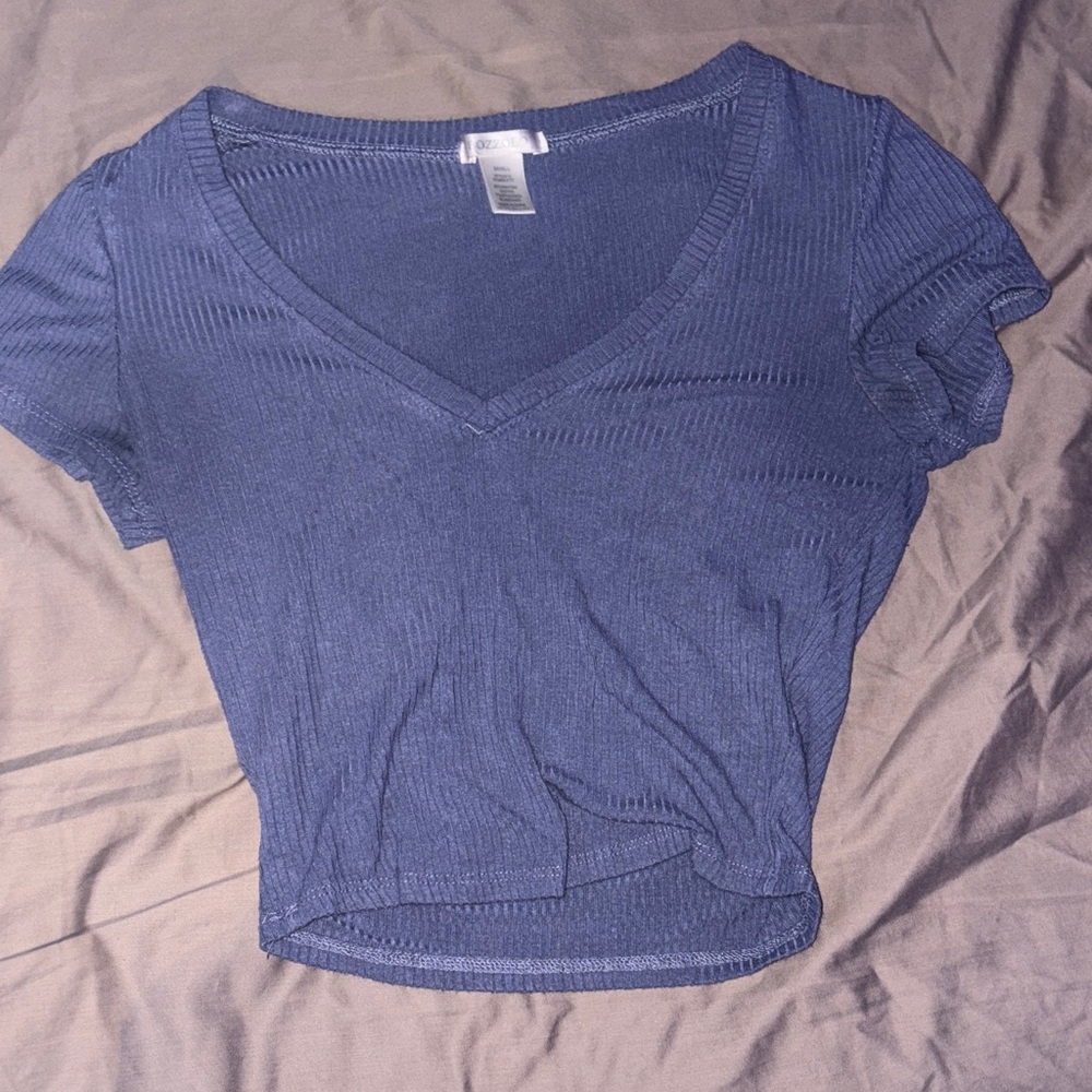 Women's Blue V-Neck Ribbed Top